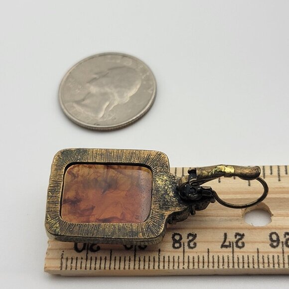 Vintage Brass Crystal  Amber Rectangle Drop Earrings 1.25 in Leverback Pierced - Picture 8 of 8